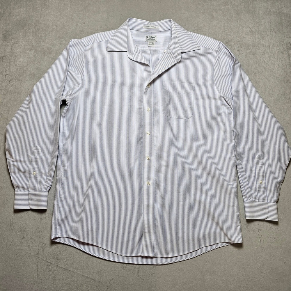 LL Bean Mens 16.5-35β Blue White Striped Wrinkle Resistant Button Down Shirt